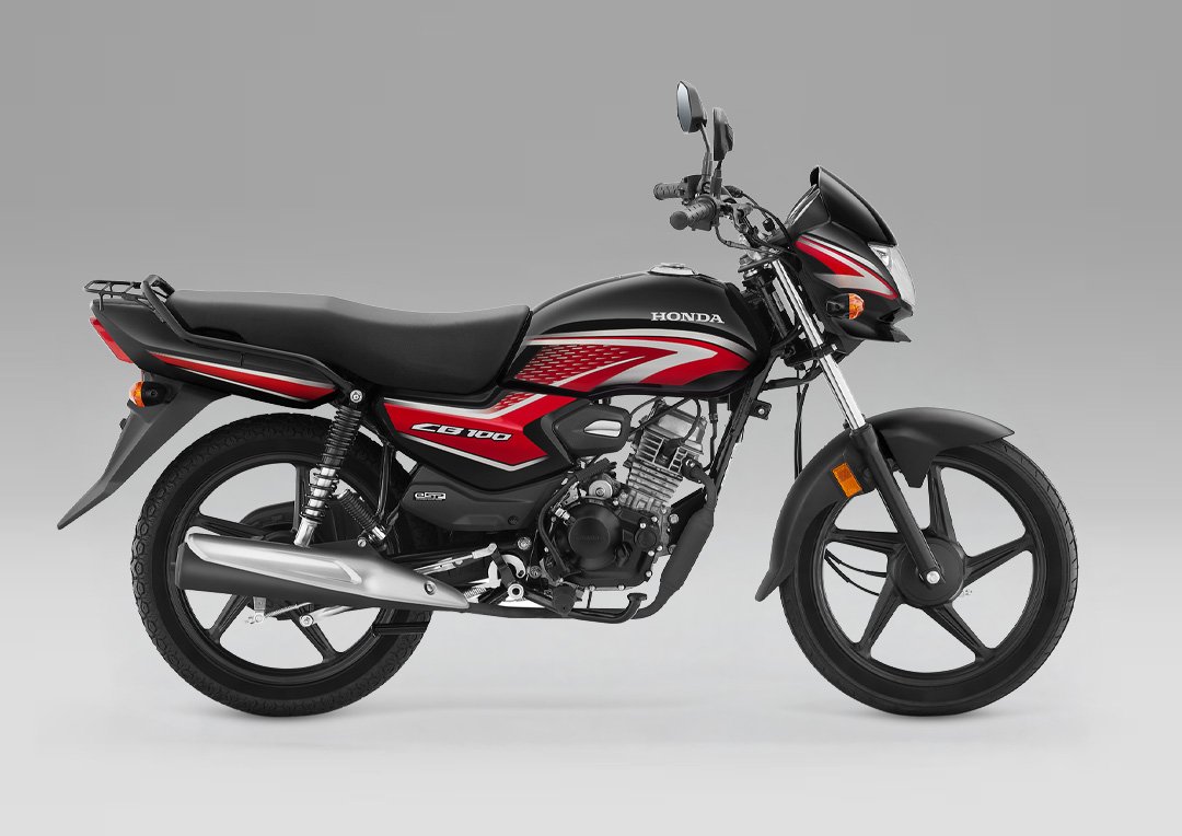 Honda CB100 2026, moto urbana gris, vista lateral